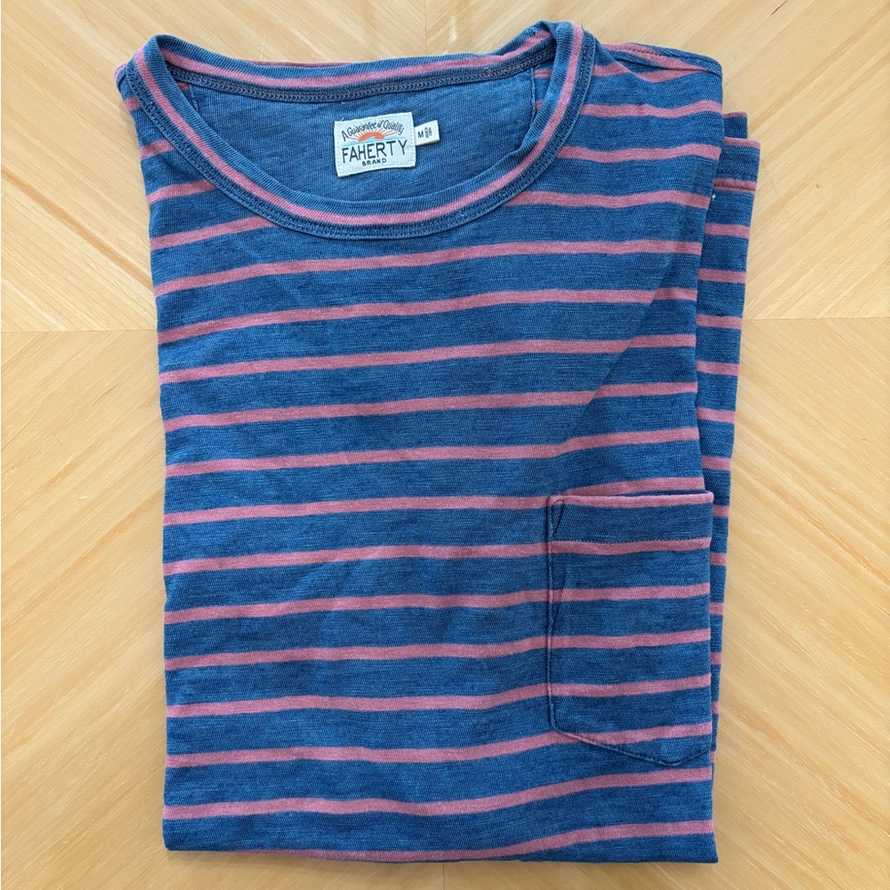 Faherty Men's Blue and Pink Striped Shirt